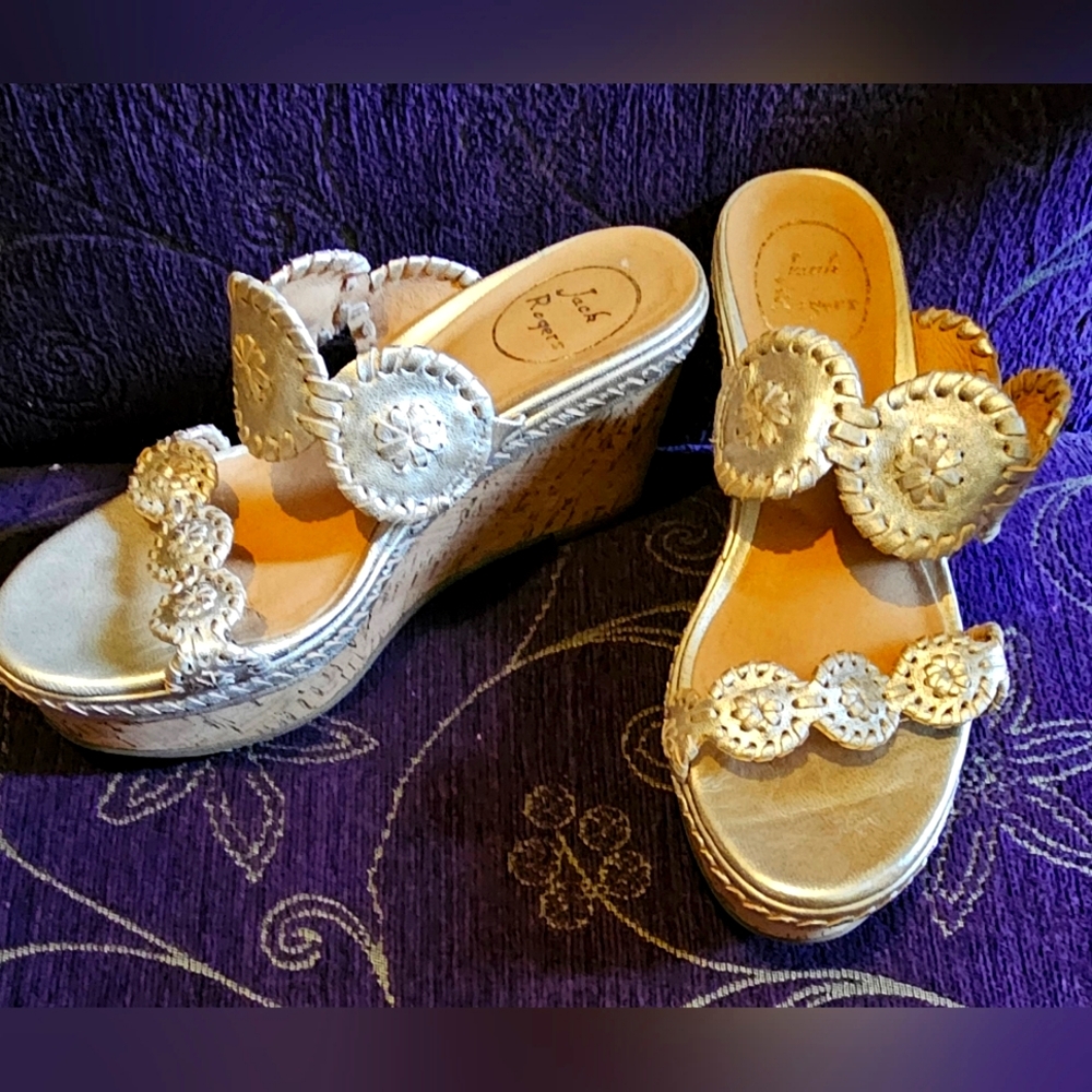 Jack Rogers 7 M sandals gold metallic, cork wedge